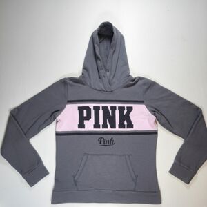 VS PINK Colorblock Hoodie Gray Pink Spellout Logo Vintage Y2K Aesthetic S